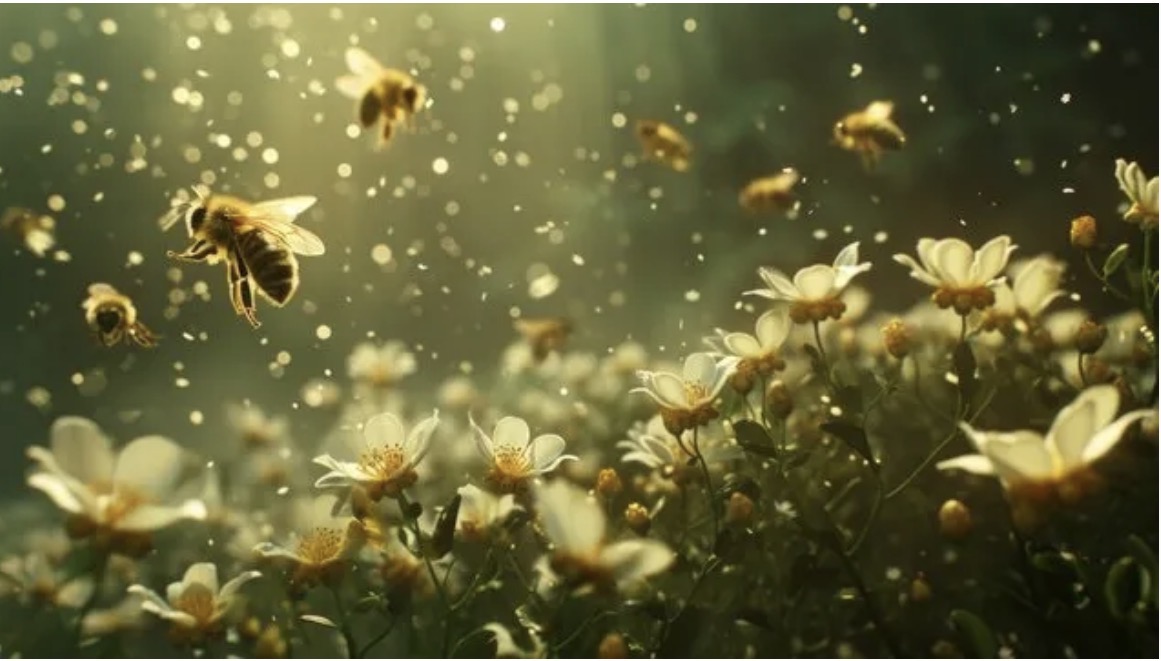 Bees hovering around flowers in a shared magnetic field