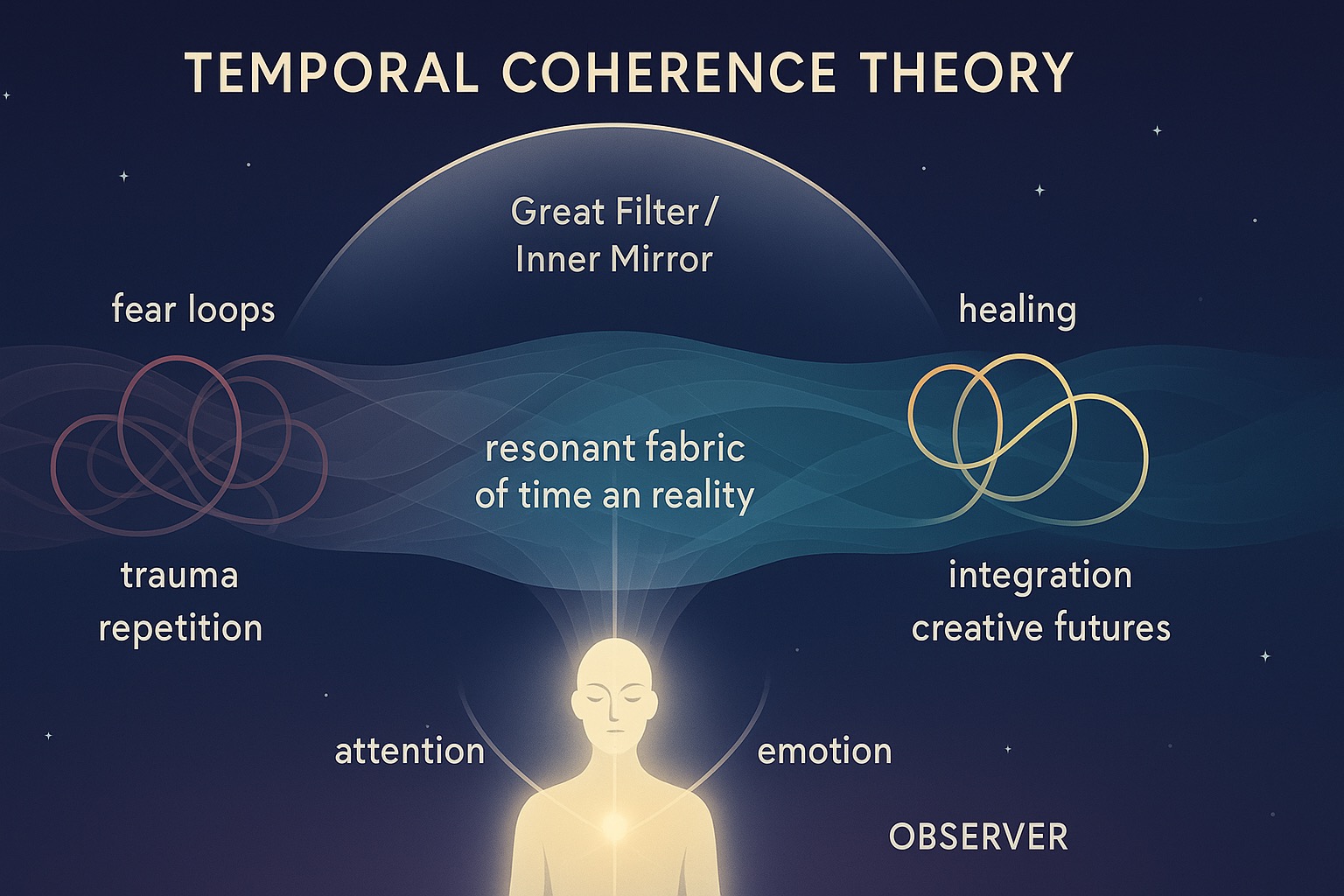 Temporal Coherence Theory diagram with observer, resonance loops and inner mirror